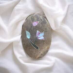 Soapstone Oval Lidded Trinket Box Stash Jewelry Pill Flower Inlay Abalone Jasper